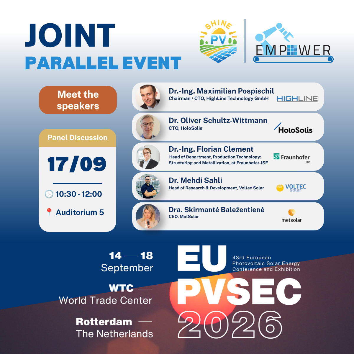 🎙️ Meet the panelists from SHINE PV and EMPOWER Parallel Event at EU PVSEC 2026